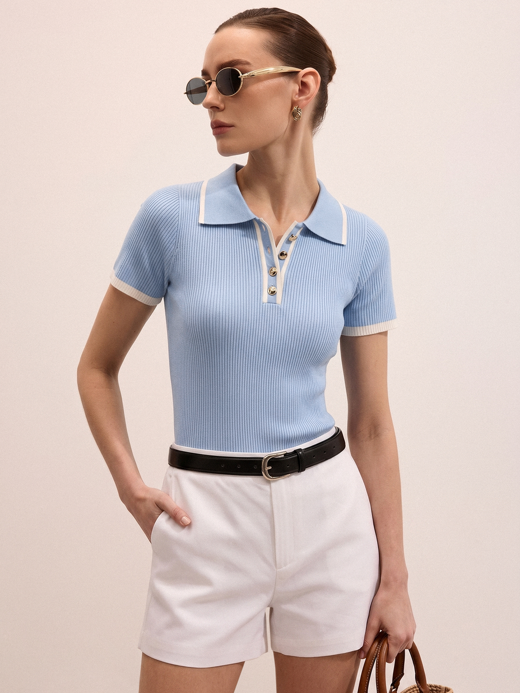 Ribbed Knit Short Sleeve Polo Top Comfort Fit Everyday Wear