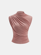 Ruched Mock Neck Fitted Tank Top Slimming Stretch Fabric