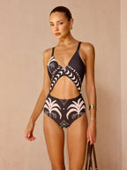 Cutout Palm Tree Print One Piece Swimsuit for Tropical Vacation