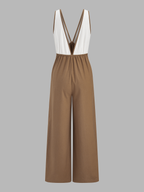 Color-Block Cotton Linen Wide Leg Jumpsuit for Women, Casual Summer Style