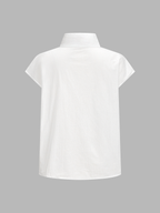 Cotton Blend Stand Collar Cap Sleeve Blouse for Women, Casual Summer Top