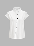 Cotton Blend Stand Collar Cap Sleeve Blouse for Women, Casual Summer Top