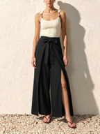 Bow Tie-Waist Side-Slit Wide Leg Pants for Elegant Evening Wear