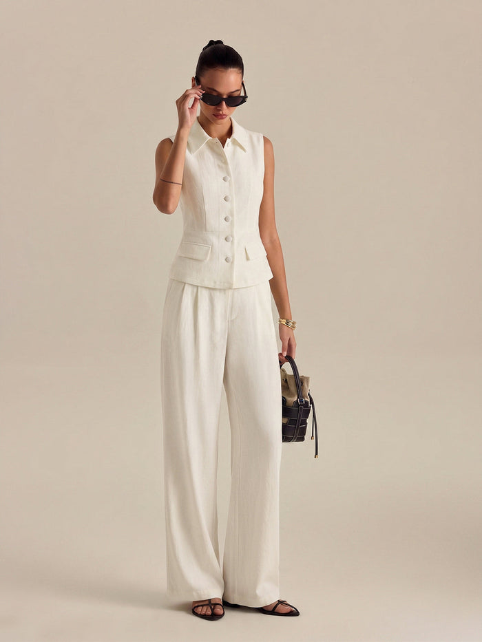 Collared Cotton Linen Vest & Pants Set for Casual Summer Wear