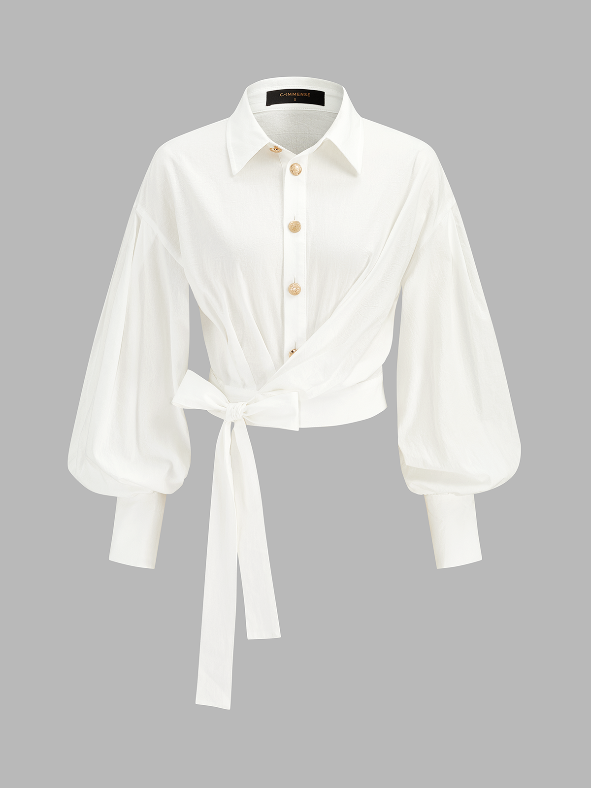 Cotton Balloon Sleeve Tie-Waist Blouse Women's Casual Top