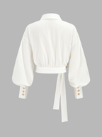 Cotton Balloon Sleeve Tie-Waist Blouse Women's Casual Top