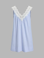 Striped Lace Trim V-Neck Mini Dress with Back Zip Closure