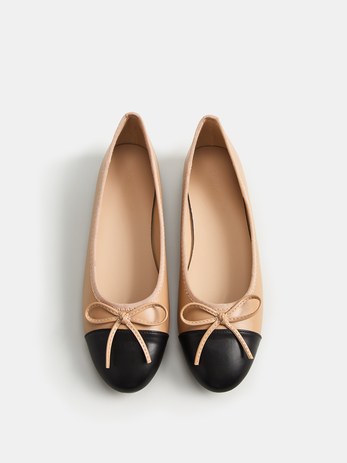 Bow Detail Leather Cap-Toe Ballet Flats Versatile Everyday Comfort Fashion