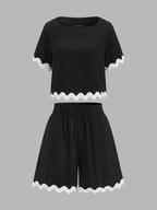 Contrast Scallop Trim Short Sleeve Top & Shorts Set for Women Summer
