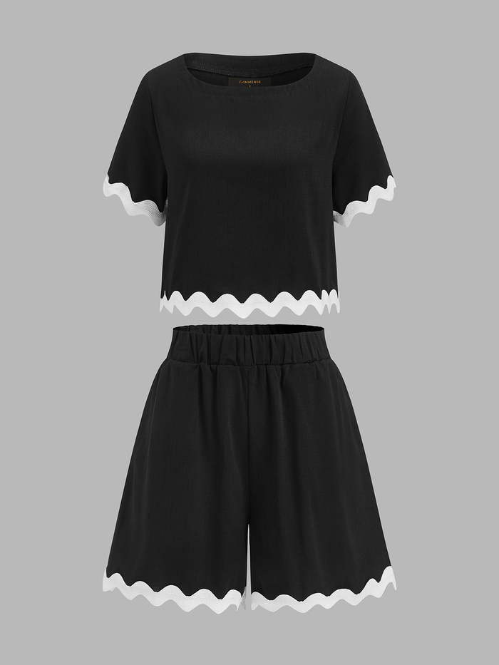 Contrast Scallop Trim Short Sleeve Top & Shorts Set for Women Summer