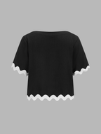 Contrast Scallop Trim Short Sleeve Top & Shorts Set for Women Summer