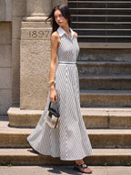Striped Sleeveless Shirt Maxi Dress with Belted Waist Detail