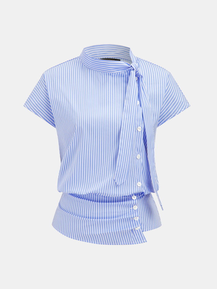 Tie-Neck Striped Cotton-Blend Blouse for Women