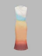 Gradient Mesh Backless Maxi Dress with Elegant Draped Design