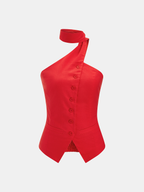 Cotton & Linen Halter Top With Decor Pockets, Summer Breathable Fabric