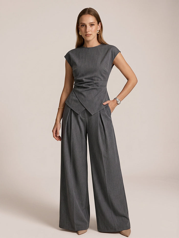 Cap Sleeve Ruched Blouse & Pleated Pants Set for Women, Elegant Office Wear
