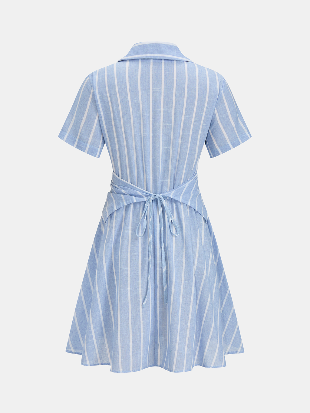 Striped Cotton Linen Short Sleeve Shirt Dress with Belted Waist