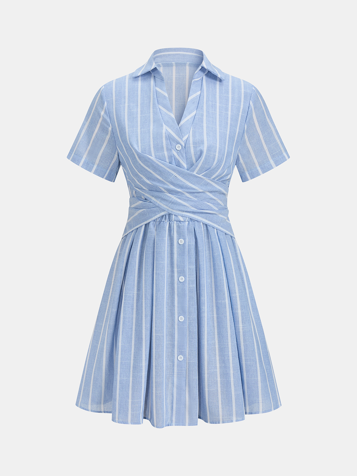 Striped Cotton Linen Short Sleeve Shirt Dress with Belted Waist