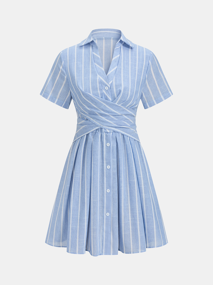 Striped Cotton Linen Short Sleeve Shirt Dress with Belted Waist