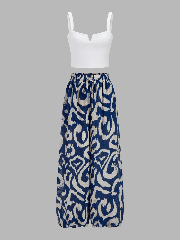 Cami Crop Top & Floral Printed Wide Leg Pants Set for Women