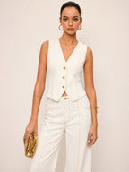 Contrast Stitch Denim Vest & Wide Leg Pants Set for Women Casual
