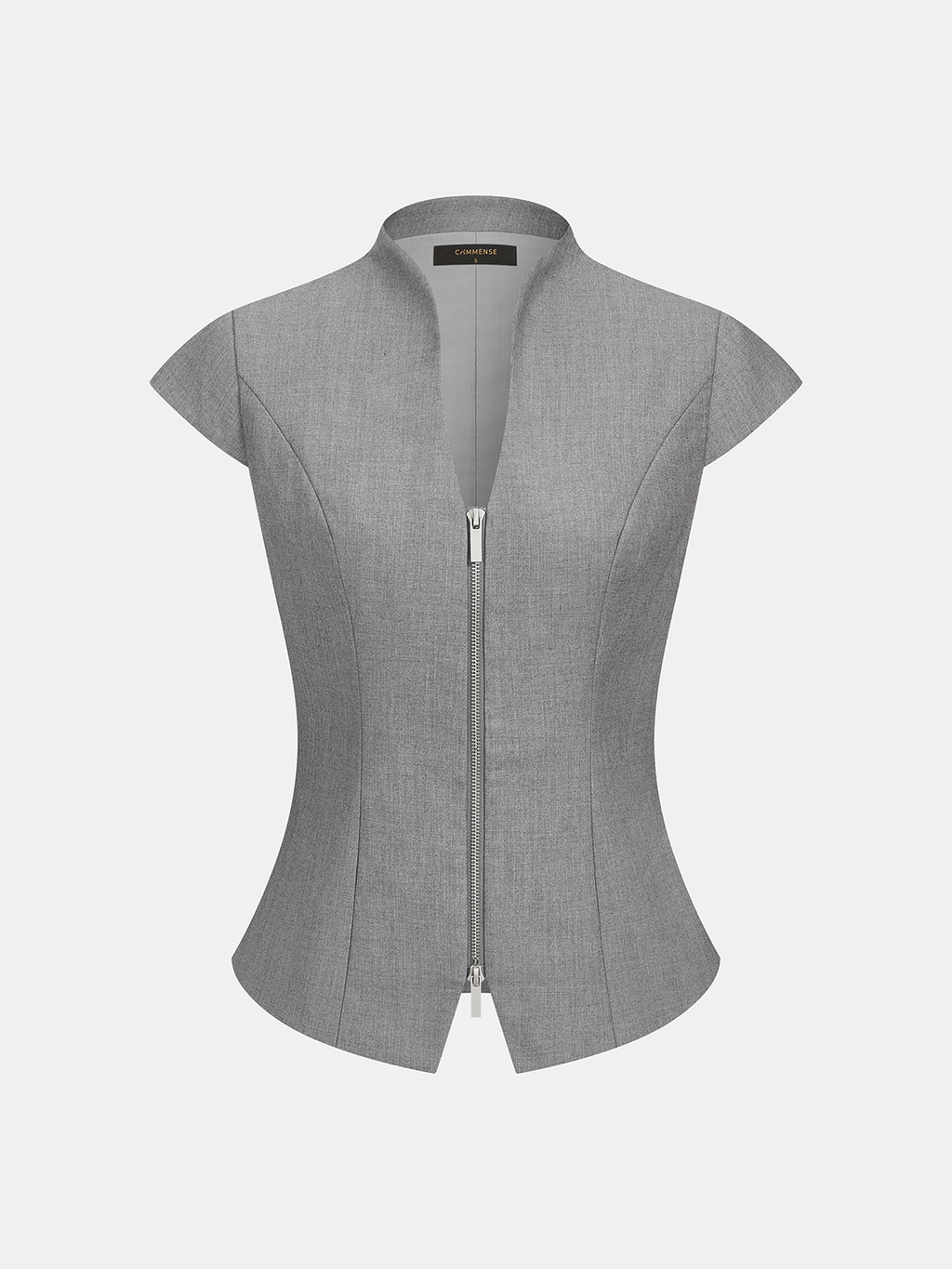 Zipper Stand Collar Cap Sleeve Blouse Women's Casual Fashion Top