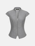 Zipper Stand Collar Cap Sleeve Blouse Women's Casual Fashion Top
