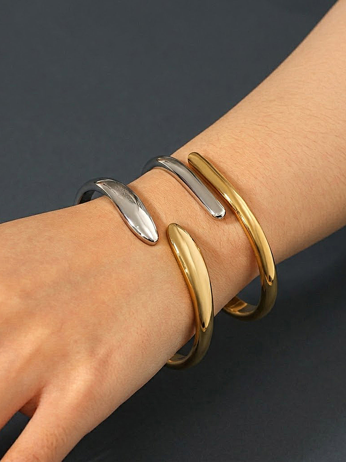 Spring Hinge Two-Tone Cuff Bangle Elegant Designer Inspired Jewelry
