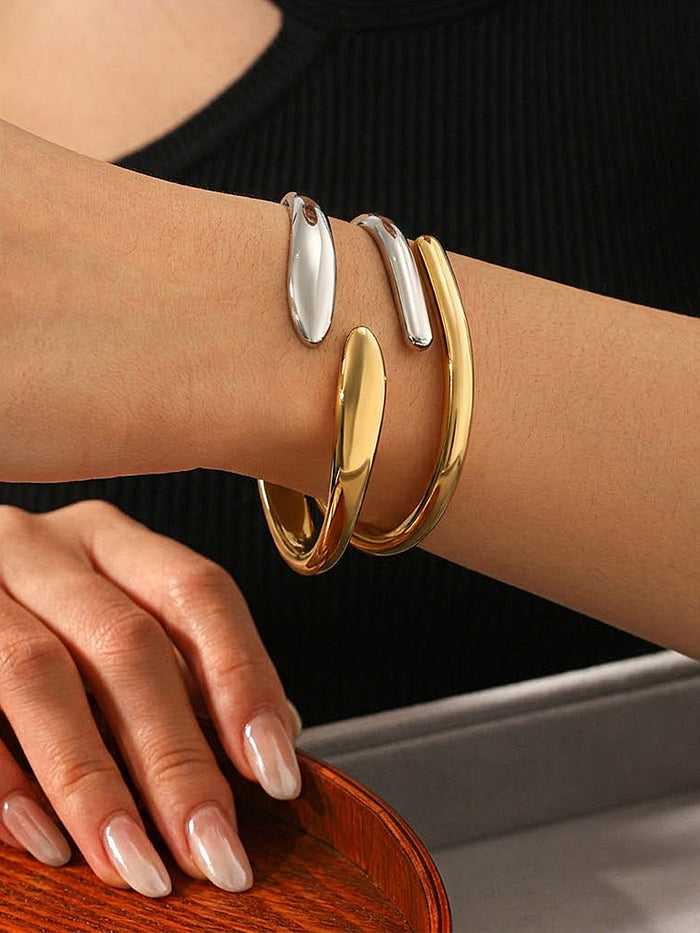 Spring Hinge Two-Tone Cuff Bangle Elegant Designer Inspired Jewelry
