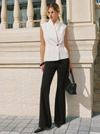 Tencel Linen Blend Mandarin Collar Striped Vest with Button Closure