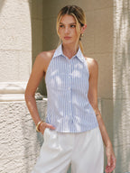 Striped Cotton Collared Halter Blouse for Women Casual Summer Style