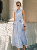 Striped Sleeveless Belted Maxi Shirt Dress with Side Slits and Button Front