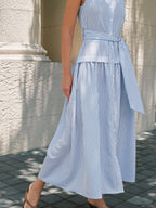 Striped Sleeveless Belted Maxi Shirt Dress with Side Slits and Button Front