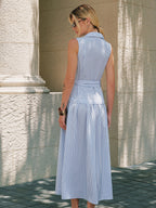 Striped Sleeveless Belted Maxi Shirt Dress with Side Slits and Button Front