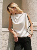 Contrast Trim Asymmetric Draped Satin Blouse - Elegant Women's Formal Wear
