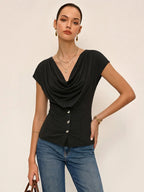 Cowl Neck Fitted Buttoned Blouse with Long Sleeves for Women