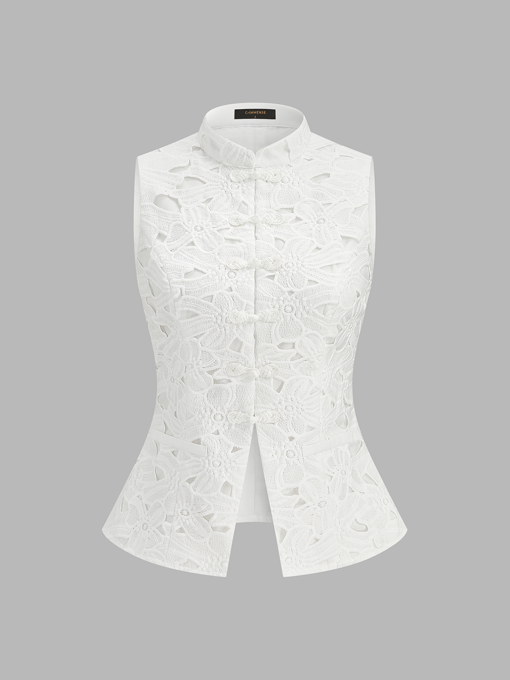 Guipure Lace Mandarin Collar Frog Button Vest Traditional Embroidered Design