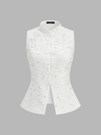 Guipure Lace Mandarin Collar Frog Button Vest Traditional Embroidered Design