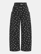 Polka Dot Denim Cargo Curved-Leg Pants - Stylish Comfort Fit for Casual Wear
