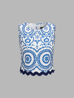 Scalloped Hem Printed Top & Pants Set for Women Spring Fashion