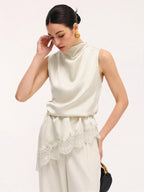 Lace Trim Satin Sleeveless Blouse Elegant Casual Summer Top