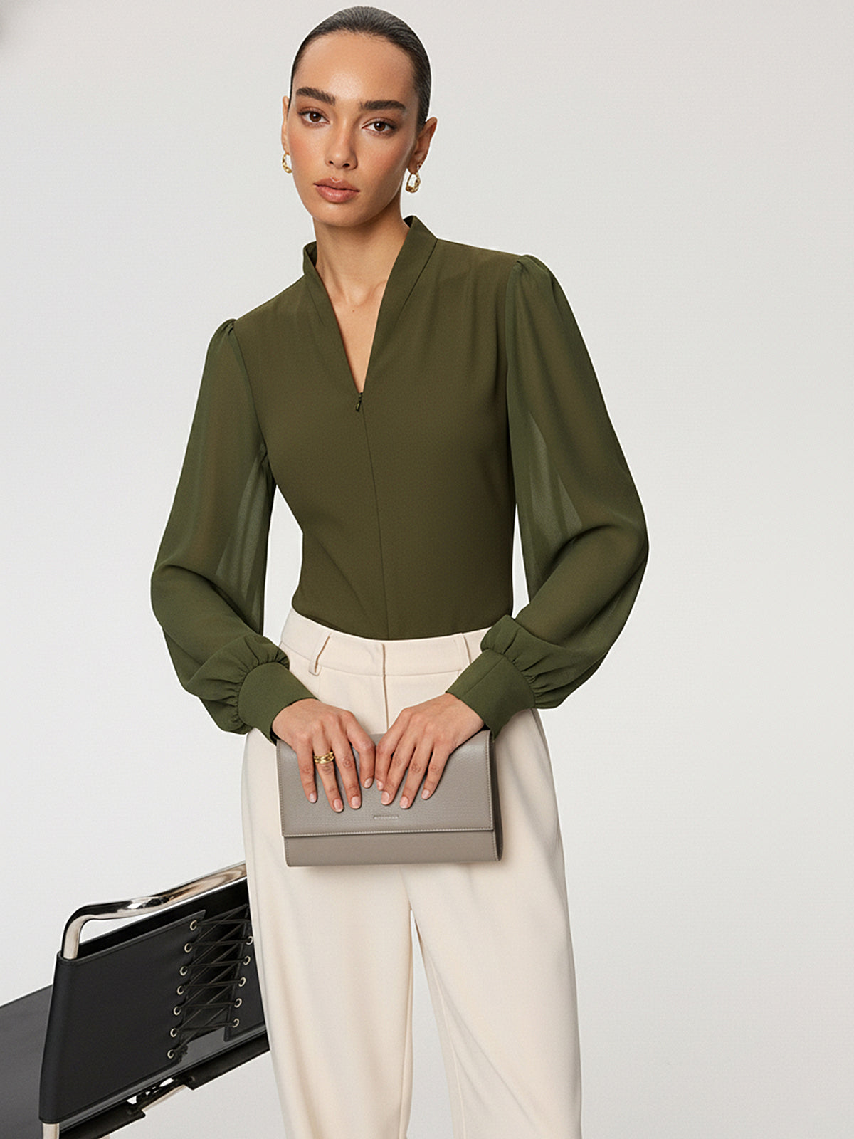 Zip Detail Chiffon Sleeves Blouse for Women with Elegant Design