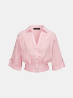 Cropped V Neck Button Front Blouse - Women's Casual Summer Top