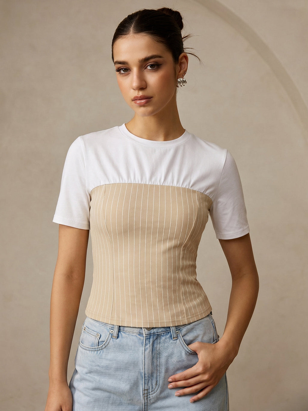 Color Block Striped Short Sleeve Top for Women Casual Style