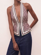 Geometric Print Cinched Waist Satin Top - Women's Fashion Blouse