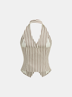 Striped Halter Neck Pants Set with Metal Button Women's Casual Outfit