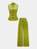 Chinese Knot Button Sleeveless Vest & Pants Set, Traditional Elegant Outfit for Women.