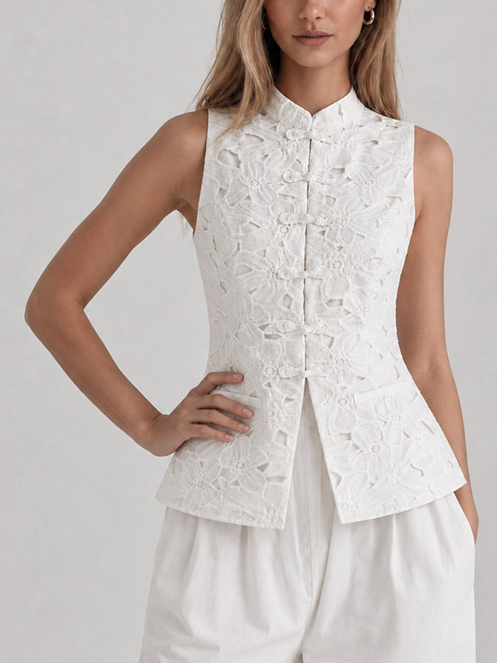 Guipure Lace Mandarin Collar Frog Button Vest Traditional Embroidered Design