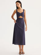 Polka Dot Cutout Cotton Linen Maxi Dress for Women Summer Fashion
