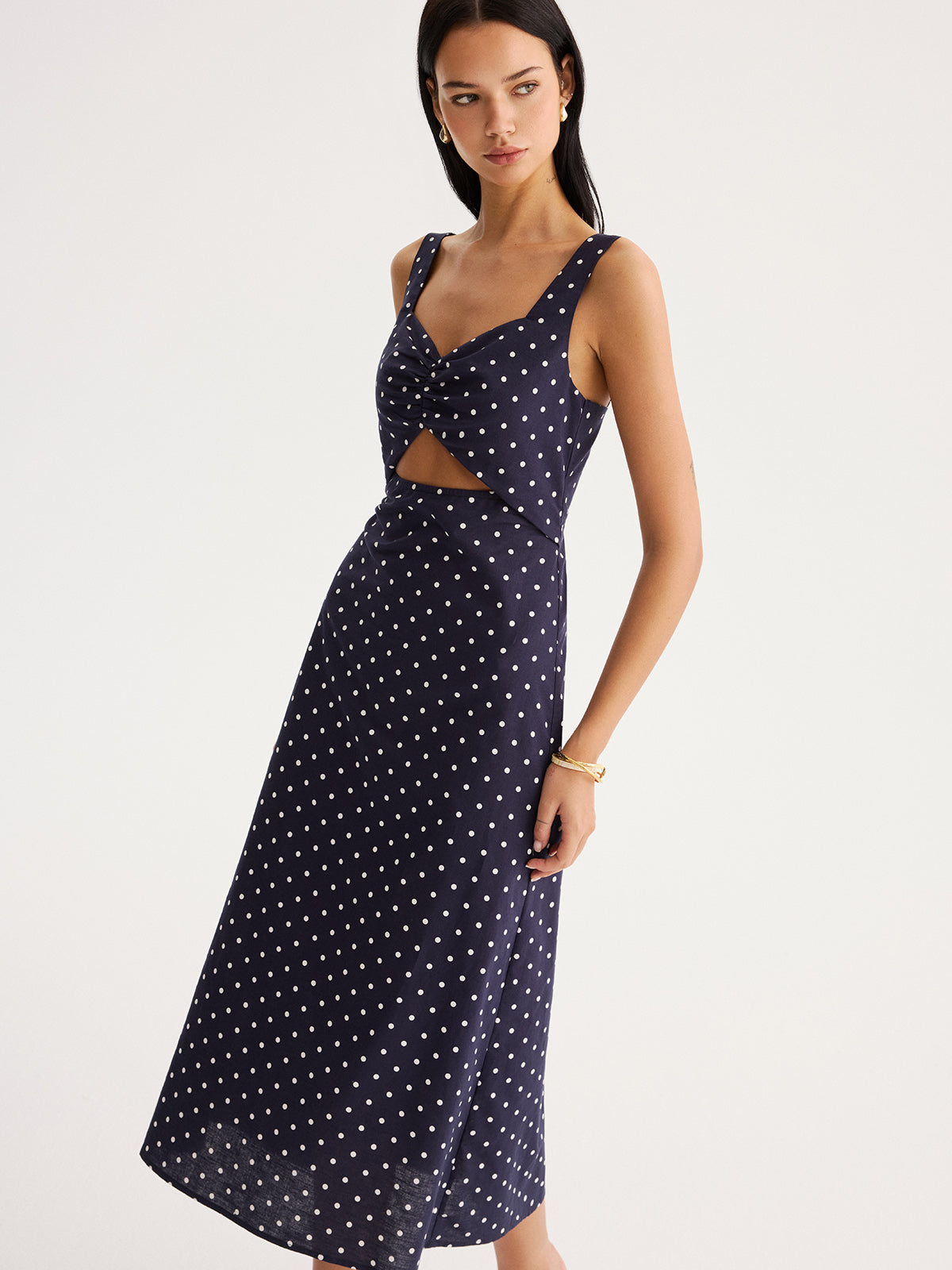 Polka Dot Cutout Cotton Linen Maxi Dress for Women Summer Fashion